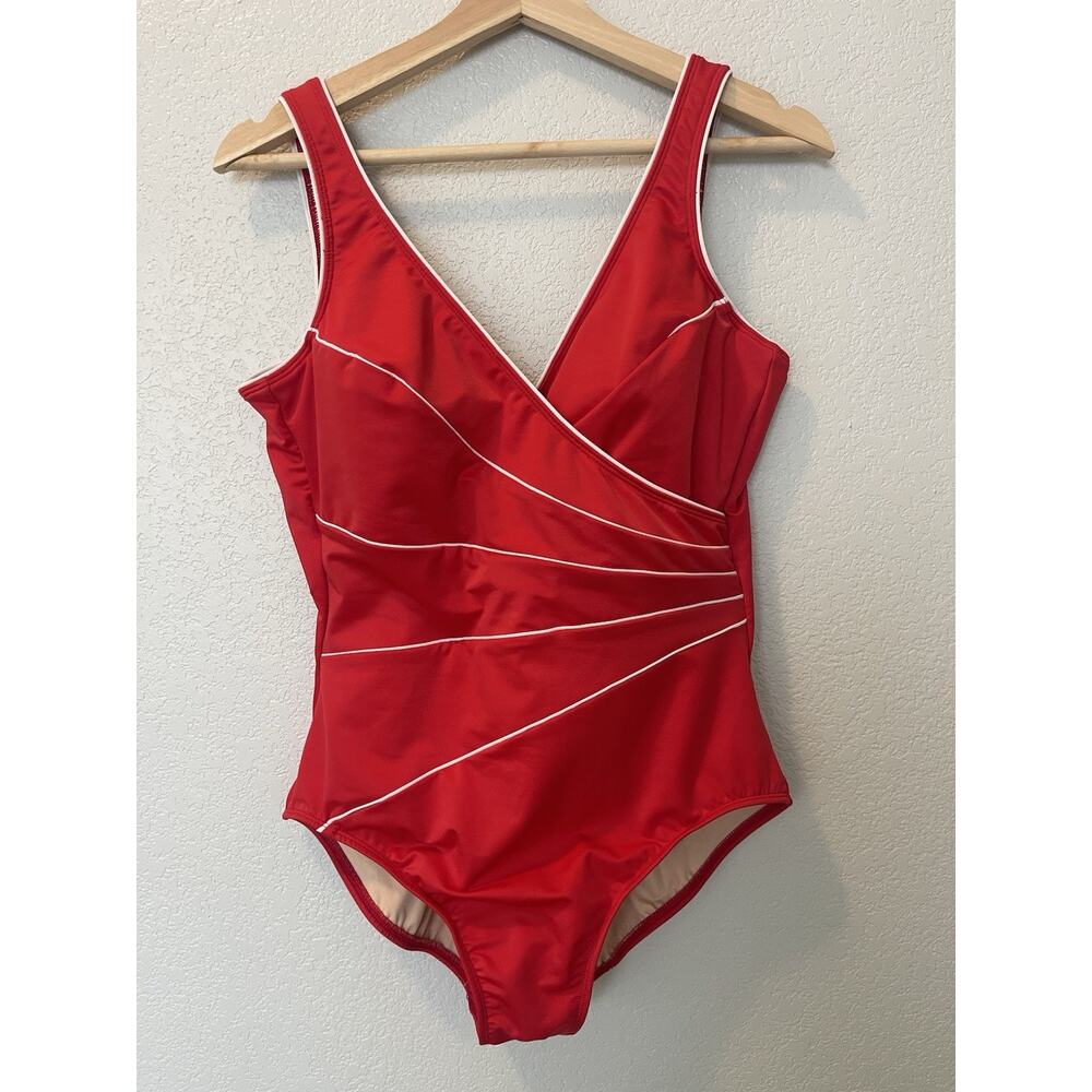 MIRACLESUIT Swimsuit Horizon One Piece Red w White Trim Bra Tummy Women Sz 14